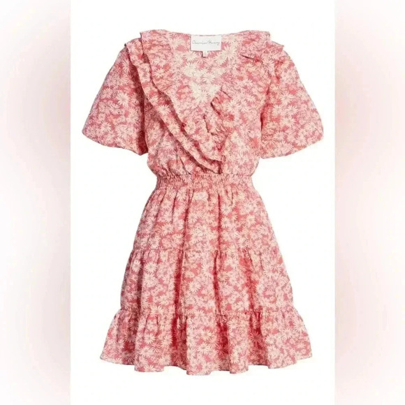 Charles Henry Short Sleeve Faux Wrap‎ Mini Dress in Coral Daisy- XS - Picture 9 of 11